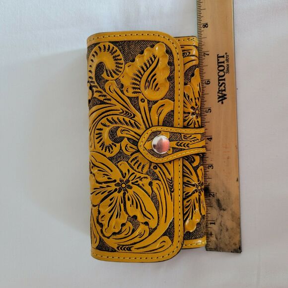 Hand tooled leather wallet Mustard yellow 7 1/2"x 4" BOHO Chic Mexican Artisan - Picture 2 of 8